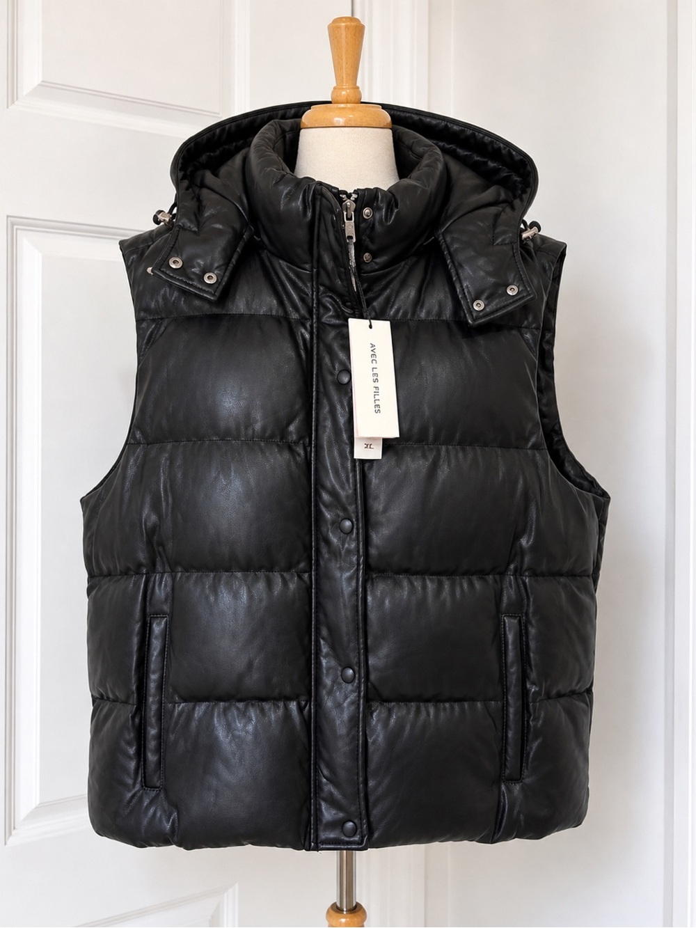 Avec Les Filles Black Quilted Leather Puffer Vest